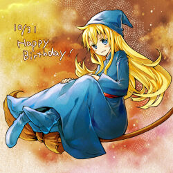 Rule 34 | 1girl, blonde hair, blue dress, blue eyes, blue footwear, blue hat, boots, broom, broom riding, commentary request, dress, full body, happy birthday, hat, long dress, long hair, long sleeves, madou monogatari, magical girl, nicoseiga 41586339, parted lips, puyopuyo, red sash, sash, shoe soles, solo, turtleneck, very long hair, witch, witch (puyopuyo), wizard hat