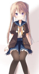 Rule 34 | 1girl, ao no kanata no four rhythm, arisaka mashiro, arms at sides, black thighhighs, blue sailor collar, blue skirt, blush, brown hair, brown jacket, commentary, eyes visible through hair, frilled skirt, frills, hair between eyes, high-waist skirt, highres, jacket, knees together feet apart, long hair, looking at viewer, neckerchief, open clothes, open jacket, parted lips, pleated skirt, pom pom (clothes), purple eyes, sailor collar, school uniform, shirt, short sleeves, sidelighting, sidelocks, simple background, sitting, skirt, solo, straight hair, takepoison, thighhighs, twintails, very long hair, white background, white shirt, yellow neckerchief