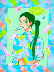 Rule 34 | 1990s (style), 1girl, arms behind back, blue border, blue shirt, blush, border, collared shirt, colorful, commentary, cropped torso, english commentary, expressionless, food, from behind, green background, green eyes, green hair, grid, grid background, highres, ice cream, ice cream print, inuha dog wave, long hair, looking at viewer, mouth hold, open mouth, original, ponytail, print shirt, retro artstyle, shirt, solo, turning head, upper body