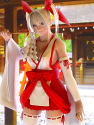 Rule 34 | 1girl, 3d, adapted uniform, blonde hair, breasts, covered erect nipples, hakama, hakama skirt, incise soul, japanese clothes, large breasts, m-rs, miko, red hakama, ribbon, rukia (incise soul), shrine, skirt, solo, thighhighs, twintails