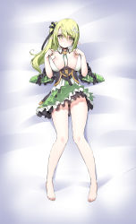 Rule 34 | 1girl, bad id, bad pixiv id, bare legs, bare shoulders, barefoot, breasts, clothes lift, detached collar, detached sleeves, dress, dress lift, elf, elsword, flower, green eyes, green hair, hair flower, hair ornament, hair ribbon, highres, large breasts, looking at viewer, lying, matching hair/eyes, open mouth, panties, pointy ears, rena erindel, ribbon, side ponytail, solo, striped clothes, striped panties, tama (tamatamo), underwear, undressing, wind sneaker (elsword)