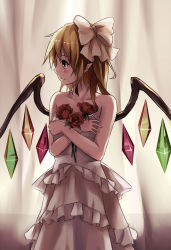 Rule 34 | 1girl, alternate costume, bare shoulders, blonde hair, blush, bouquet, bow, bride, brown eyes, dress, female focus, flandre scarlet, flower, hair bow, pointy ears, profile, red flower, red rose, rose, short hair, side ponytail, solo, embodiment of scarlet devil, touhou, wedding dress, white dress, wings, xiao qiang (overseas)