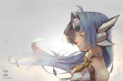 Rule 34 | 1girl, ahoge, android, backlighting, blue hair, breasts, character name, colored eyelashes, commentary, crying, cyborg, forehead protector, from side, highres, kos-mos, kos-mos ver. 4, long hair, parted bangs, red eyes, ruien (wu jui-en), simple background, solo, xenosaga