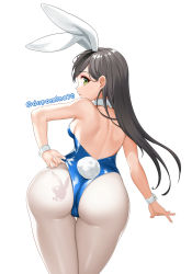 Rule 34 | 1girl, animal ears, ass, ass tattoo, bang dream!, bare arms, bare back, bare shoulders, black hair, blue leotard, bodypaint, cowboy shot, detached collar, dopamine70, fake animal ears, from behind, green eyes, hanazono tae, highres, leaning forward, leotard, leotard tug, long hair, looking at viewer, looking back, painted clothes, pantyhose, playboy bunny, rabbit ears, rabbit tail, simple background, sleeveless, solo, standing, tail, twitter username, white background, white pantyhose, wrist cuffs