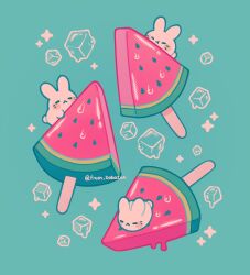 Rule 34 | 3others, :&lt;, blush, closed eyes, emily kim, facial mark, food, fruit, green background, highres, ice, ice cream, ice cube, minimized, multiple others, no humans, original, rabbit, sparkle, twitter username, watermelon, watermelon slice, whisker markings