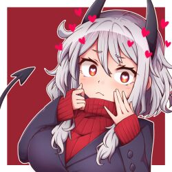 Rule 34 | 1girl, :&lt;, black jacket, breasts, commentary, demon horns, demon tail, english commentary, grey hair, hands up, heart, heart-shaped pupils, helltaker, horns, jacket, large breasts, long sleeves, looking at viewer, modeus (helltaker), red eyes, short hair, solo, symbol-shaped pupils, tail, upper body, wool (miwol)