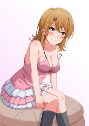 Rule 34 | 1girl, black socks, blush, breasts, brown eyes, brown hair, cleavage, closed mouth, collarbone, commentary request, dress, frilled dress, frills, highres, isshiki iroha, kneehighs, konoyan, looking at viewer, medium breasts, medium hair, pink dress, simple background, sitting, smile, socks, solo, white background, yahari ore no seishun lovecome wa machigatteiru., yellow eyes