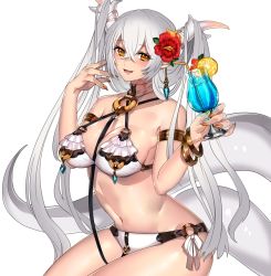 Rule 34 | 1girl, :d, bad id, bad twitter id, bikini, blush, breasts, cleavage, cup, curvy, dragon girl, dragon horns, dragon tail, drinking glass, drinking straw, earrings, female focus, flower, food, fruit, hair flower, hair ornament, hibiscus, horns, huge breasts, ice, ice cube, jewelry, katagiri hachigou, leash, lemon, lemon slice, long hair, looking at viewer, nail polish, navel, open mouth, orange nails, original, simple background, slit pupils, smile, solo, swimsuit, tail, very long hair, white background, white bikini, white hair, yellow eyes