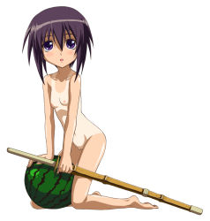 Rule 34 | 1girl, arm support, bamboo blade, barefoot, breasts, collarbone, food, fruit, full body, kawazoe tamaki, kneeling, looking at viewer, nipples, nude, one-piece tan, open mouth, purple eyes, purple hair, pussy, shinai, short hair, simple background, small breasts, solo, sword, tan, tanline, watermelon, weapon, white background, winbee (selkie)