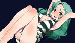 Rule 34 | 1girl, armpits, arms up, blush, body blush, breasts, criminal girls, game cg, green eyes, green hair, ichihaya, legs, long hair, lowres, matching hair/eyes, medium breasts, official art, shin (criminal girls), simple background, solo, striped, sweat, tears, wavy mouth