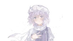 Rule 34 | 1girl, closed mouth, highres, kalmeyaki, lapel pin, letty whiterock, light purple hair, long sleeves, looking at viewer, one-hour drawing challenge, purple eyes, scarf, short hair, simple background, solo, touhou, upper body, white background, white scarf