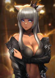 Rule 34 | 1girl, absurdres, animal ears, arm under breasts, warrior of light (ff14), bikini, blue eyes, blurry, blurry background, breasts, cat ears, choker, cleavage, commission, crown, dark-skinned female, dark skin, eyeshadow, facial mark, final fantasy, final fantasy xiv, heterochromia, highres, huge filesize, jacket, large breasts, long hair, makeup, mini crown, miqo&#039;te, nail polish, off shoulder, open clothes, open jacket, pixiv commission, silver hair, solo, swimsuit, upper body, zeri (zeristudio)