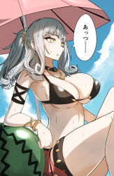 Rule 34 | 1girl, bikini, black bikini, blue nails, blue sky, bracelet, breasts, carmilla (fate), cleavage, cloud, day, fate/grand order, fate (series), food, fruit, gin moku, grey hair, hat, highres, jewelry, long hair, nail polish, necklace, open mouth, parasol, sky, solo, sun hat, sweat, swimsuit, thigh strap, thighs, umbrella, watermelon, yellow eyes