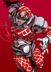Rule 34 | 1other, absurdres, clenched teeth, fighting stance, green eyes, highres, jojo no kimyou na bouken, jojo pose, king crimson (stand), looking at viewer, red background, red theme, signature, simple background, solo, sparrowl, standing, teeth, vento aureo