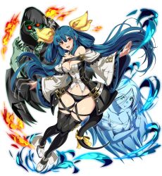 Rule 34 | 1girl, asymmetrical wings, bare shoulders, belt, black thighhighs, blue hair, blush, breasts, choker, cleavage, detached sleeves, dizzy (guilty gear), ekubo oekaki, groin, guilty gear, guilty gear xrd, hair ribbon, highres, large breasts, long hair, midriff, monster girl, navel, necro (guilty gear), red eyes, ribbon, solo, tail, tail ornament, tail ribbon, thigh gap, thigh strap, thighhighs, thighs, twintails, undine (guilty gear), very long hair, wide sleeves, wings, yellow ribbon
