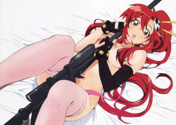 Rule 34 | 00s, 1girl, :o, absurdres, anti-materiel rifle, artist request, bed, bed sheet, blush, breasts, censored, chopsticks, convenient censoring, elbow gloves, gloves, gun, hair censor, hair over breasts, highres, long hair, looking at viewer, lying, navel, nude, official art, on back, open mouth, pink thighhighs, ponytail, red hair, rifle, sniper rifle, solo, tengen toppa gurren lagann, thighhighs, weapon, yellow eyes, yoko littner