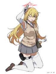 Rule 34 | 1girl, ;d, absurdres, arm up, armpits, blonde hair, blue archive, breasts, brown footwear, brown sweater vest, collared shirt, dated, elbow gloves, full body, gloves, grey skirt, gun, hair between eyes, halo, handgun, highres, holding, holding gun, holding weapon, holster, kneeling, large breasts, long hair, looking at viewer, miniskirt, one eye closed, open mouth, pink halo, pleated skirt, school emblem, school uniform, shirt, shokuhou misaki, short sleeves, skirt, smile, solo, staccato 2011, star-shaped pupils, star (symbol), summer uniform, sweater vest, symbol-shaped pupils, takatisakana, thigh holster, thighhighs, toaru kagaku no railgun, toaru majutsu no index, tokiwadai school uniform, weapon, white background, white gloves, white shirt, white thighhighs