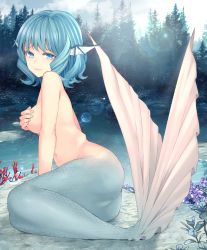 Rule 34 | 1girl, ass, blue eyes, blue hair, blue theme, breasts, colored eyelashes, commentary request, completely nude, covering privates, covering breasts, day, fins, flower, forest, full body, head fins, highres, lens flare, looking at viewer, medium breasts, mermaid, mikoma sanagi, monster girl, nature, navel, nude, outdoors, sitting, solo, topfreedom, touhou, wakasagihime, water, yokozuwari