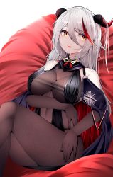 Rule 34 | 1girl, absurdres, aegir (azur lane), arm under breasts, azur lane, bare shoulders, black cape, black gloves, bodystocking, breast curtains, breasts, cape, cleavage, cross, demon horns, elbow gloves, gloves, hair between eyes, hair on horn, highres, horns, huge filesize, iron cross, large breasts, long hair, multicolored hair, red hair, samip, simple background, solo, streaked hair, taut clothes, two-tone hair, white background, white hair, yellow eyes
