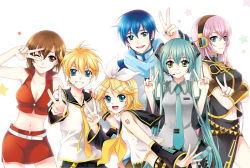 Rule 34 | 2boys, 4girls, :d, ;), aqua eyes, aqua hair, arm up, armband, asymmetrical sleeves, bare arms, bare shoulders, belt, black skirt, blonde hair, blue eyes, blue gemstone, blue hair, blue nails, blue scarf, breasts, brooch, brother and sister, brown eyes, brown hair, cleavage, clenched teeth, collared shirt, crossed arms, detached sleeves, double v, gem, green eyes, green nails, hair between eyes, hair ornament, hair ribbon, hairclip, happy, hatsune miku, headphones, headset, jacket, jewelry, kagamine len, kagamine rin, kaito (vocaloid), legs, long hair, long skirt, long sleeves, looking at viewer, m-ca, mca (dessert candy), megurine luka, meiko (vocaloid), midriff, multiple belts, multiple boys, multiple girls, nail polish, navel, necktie, one eye closed, open mouth, outstretched arm, pink hair, pleated skirt, red skirt, ribbon, round teeth, scarf, school uniform, serafuku, shirt, short sleeves, siblings, side slit, simple background, single sleeve, skirt, sleeveless, sleeveless shirt, sleeveless turtleneck, smile, standing, star (symbol), tattoo, teeth, turtleneck, twins, twintails, uneven sleeves, v, very long hair, vocaloid, wink, yellow detached sleeves, yellow nails