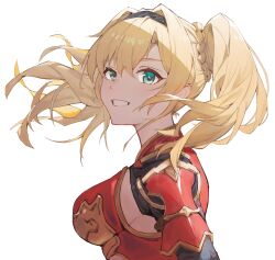 Rule 34 | 1girl, absurdres, armor, black hairband, blonde hair, blue eyes, braid, breasts, facing to the side, floating hair, from side, granblue fantasy, hair between eyes, hairband, highres, large breasts, long hair, looking at viewer, parted lips, red armor, smile, solo, twintails, upper body, white background, wizast, zeta (granblue fantasy)