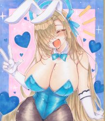 1girl animal_ears asuna_(blue_archive) asuna_(bunny)_(blue_archive) blonde_hair blue_archive blue_leotard breasts bridal_gauntlets cleavage closed_eyes fake_animal_ears hair_over_one_eye halo highres huge_breasts ichinose_haruka leotard long_hair marker_(medium) mole mole_on_breast official_alternate_costume pantyhose photo_(medium) playboy_bunny rabbit_ears smile solo traditional_media v