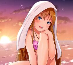 Rule 34 | 1girl, bare arms, bare legs, beach, bikini, blue eyes, braid, brown hair, cloud, commentary request, eyelashes, feet out of frame, gradient sky, hand on own knee, head tilt, idolmaster, idolmaster million live!, jewelry, knee up, kousaka umi, long hair, looking at viewer, necklace, ocean, open mouth, orange sky, outdoors, pink bikini, sitting, sky, smile, solo, sparkle, stomach, straight hair, sun, sunset, swimsuit, teeth, towel, towel on head, twin braids, witoi (roa)