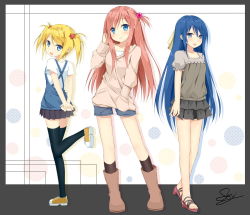 Rule 34 | 3girls, arms behind back, black legwear, blonde hair, blue eyes, blue hair, boots, casual, full body, hair bobbles, hair ornament, hand in own hair, hand in pocket, highres, kudou naka, long hair, looking at viewer, multiple girls, one side up, original, own hands together, pink hair, pleated skirt, sandals, short hair, shorts, skirt, sky-freedom, smile, standing, standing on one leg, sweater, terada motoko, thighhighs, twintails, ueno kyouko