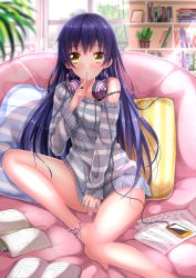 Rule 34 | 10s, 1girl, :o, anklet, bad id, bad pixiv id, barefoot, blue hair, blurry, blush, book, bookshelf, brown eyes, couch, depth of field, digital media player, headphones, headphones around neck, highres, indoors, jewelry, legs, long hair, long legs, love live!, love live! school idol festival, love live! school idol project, mechanical pencil, off shoulder, pencil, pillow, sitting, solo, sonoda umi, strap slip, striped clothes, striped sweater, sweater, swordsouls, very long hair, yokozuwari