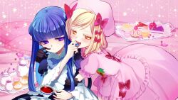 Rule 34 | 2girls, bed, black dress, black gloves, blonde hair, blue bow, blue bowtie, blue hair, blunt bangs, blush, bow, bowtie, cake, cake slice, candy, cat tail, closed mouth, cowboy shot, cup, dress, elbow gloves, expressionless, food, frederica bernkastel, gloves, hair between eyes, highres, holding, holding cup, indoors, jewelry, lambdadelta, lolita fashion, long hair, long sleeves, looking at another, looking at viewer, multiple girls, natsumi kei, necklace, official art, open mouth, pillow, pink dress, pink headwear, plate, purple eyes, red bow, scone, second-party source, short hair, sitting, tail, teapot, umineko no naku koro ni, wide sleeves, witch, yellow eyes, yuri