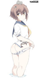 Rule 34 | 1girl, ass, bare legs, blush, brown eyes, brown hair, character name, clothes writing, commentary request, dress, from behind, headgear, kantai collection, looking at viewer, panties, panty pull, sailor collar, sailor dress, shigino sohuzi, short hair, simple background, sleeves rolled up, solo, speaking tube headset, standing, torn clothes, underwear, white background, yellow sailor collar, yukikaze (kancolle)