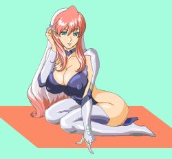 Rule 34 | 1girl, ass, birdy cephon altera, bodysuit, breasts, cleavage, covered erect nipples, ghost (mausuman34), gloves, green eyes, hand in own hair, high heels, large breasts, legs, looking at viewer, pink hair, shoes, sitting, solo, tetsuwan birdy, thighs, wariza, white hair