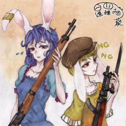 Rule 34 | 2girls, absurdres, animal ears, bayonet, blonde hair, blue dress, blue hair, bolt action, breasts, brown hat, character name, collarbone, colored eyelashes, dress, earclip, ears down, eating, floppy ears, flying sweatdrops, gun, hat, highres, holding, holding gun, holding weapon, lebel model 1886, long hair, looking afar, looking at viewer, mg mg, multiple girls, open mouth, rabbit ears, red eyes, rifle, ringo (touhou), seiran (touhou), shirt, short hair, short sleeves, signature, submachine gun, touhou, type 100 smg, upper body, weapon, xianluo neko aoi, yellow shirt
