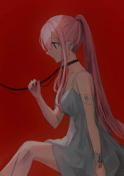 Rule 34 | 1girl, bare arms, bare shoulders, black choker, breasts, brown eyes, chihuri, choker, closed mouth, dress, feet out of frame, hair between eyes, hand up, highres, knees up, long hair, original, pink hair, ponytail, profile, red background, sidelocks, simple background, sitting, sleeveless, sleeveless dress, small breasts, solo, very long hair, white dress, yana (chihuri)