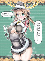 Rule 34 | 10s, 1girl, adapted costume, akaza, anchor hair ornament, antlers, blonde hair, blush, breasts, christmas, fur trim, gloves, hair ornament, hat, horns, kantai collection, large breasts, long hair, long sleeves, looking at viewer, microskirt, military, military uniform, peaked cap, prinz eugen (kancolle), reindeer antlers, skirt, solo, thighhighs, translated, twintails, uniform, white gloves