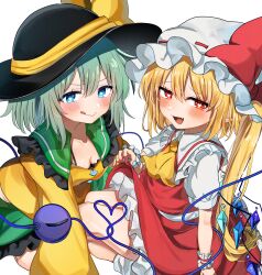 Rule 34 | 2girls, absurdres, black hat, blonde hair, blue eyes, blush, breasts, cleavage, clothes lift, commentary request, fang, flandre scarlet, green hair, hat, heart, heart-shaped pupils, highres, komeiji koishi, koroyarou, long hair, looking at viewer, medium breasts, medium hair, mob cap, multiple girls, one eye closed, red eyes, red shirt, red skirt, shirt, side ponytail, simple background, skirt, skirt lift, symbol-shaped pupils, third eye, tongue, tongue out, touhou, vampire, white background, white hat, yellow shirt