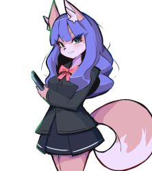 Rule 34 | 1girl, animal ear fluff, animal ears, black jacket, black skirt, blue eyes, body fur, bow, breasts, cellphone, chatora (0-furry-beast-0), fang, fang out, fox ears, fox girl, fox tail, from side, furry, furry female, holding, holding phone, jacket, long hair, looking at viewer, original, phone, pink bow, pink fur, purple hair, school uniform, skirt, small breasts, smartphone, smile, solo, tail