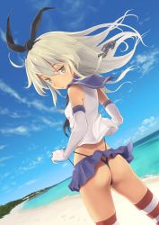 Rule 34 | 10s, 1girl, anchor, ass, beach, black panties, blonde hair, blush, cloud, day, elbow gloves, gloves, green eyes, hair ornament, hairband, highleg, highleg panties, highres, kantai collection, long hair, looking at viewer, looking back, outdoors, panties, panty lift, personification, shimakaze (kancolle), skirt, sky, solo, striped clothes, striped thighhighs, thighhighs, thong, underwear, wa (genryusui), wedgie