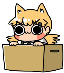 Rule 34 | 1girl, :3, afei (sfma3248), animal ears, black eyes, black necktie, blonde hair, blush stickers, box, cardboard box, cat ears, chibi, chinese commentary, collared shirt, commentary request, girls&#039; frontline, hair ornament, hairclip, idw (girls&#039; frontline), in box, in container, long hair, necktie, shirt, simple background, solo, twintails, v-shaped eyebrows, white background, white shirt