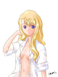 Rule 34 | 00s, 1girl, blonde hair, blue eyes, breasts, female focus, lemi., long hair, mireille bouquet, navel, noir (anime), open clothes, open shirt, shirt, simple background, sleeves rolled up, smile, solo, upper body, white background