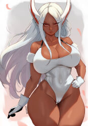 Rule 34 | 1girl, absurdres, animal ears, arm strap, bare shoulders, boku no hero academia, breasts, cameltoe, chayon, cleavage, cleft of venus, collarbone, commentary, covered navel, cowboy shot, curvy, dark-skinned female, dark skin, freckles, gloves, hand on own hip, highleg, highleg leotard, highres, huge breasts, leotard, long eyelashes, long hair, looking at viewer, mirko, parted bangs, rabbit ears, rabbit girl, red eyes, solo, thick thighs, thigh gap, thighs, toned, twitter username, white gloves, white hair, white leotard, wide hips