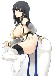 Rule 34 | 1girl, absurdres, ass, ass cutout, ass grab, back, bare shoulders, black eyes, black hair, blush, breasts, butt crack, clothing cutout, cosmic break, eve (cosmic break), from behind, halcon, highres, large breasts, leg up, long hair, looking at viewer, see-through, see-through silhouette, see-through sleeves, side slit, sideboob, simple background, solo, thighs, white background, white legwear