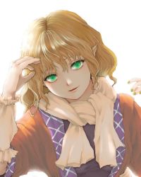 Rule 34 | 1girl, arm warmers, artist request, backlighting, blonde hair, bloom, eyebrows hidden by hair, green eyes, green nails, hair behind ear, hand up, head tilt, highres, light smile, looking at viewer, medium hair, mizuhashi parsee, nail polish, parted lips, pointy ears, simple background, solo, tagme, touhou, upper body, white background, white neckwear