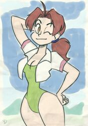Rule 34 | 1girl, antenna hair, breasts, brown eyes, brown hair, creatures (company), curvy, delia ketchum, game freak, green one-piece swimsuit, hand above head, hand on own hip, highres, large breasts, long hair, looking at viewer, low ponytail, narrow waist, nintendo, one-piece swimsuit, one eye closed, open clothes, open shirt, pokemon, pokemon (anime), pokemon (classic anime), pokemon ep018, ponytail, rogerbaconslounge, shiny skin, simple background, sky, smile, swimsuit, wide hips, wink