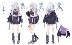 Rule 34 | 1girl, :d, ankle socks, barcode, barcode tattoo, black footwear, black jacket, black shirt, black skirt, breasts, character name, character sheet, closed mouth, color guide, commentary request, cropped shirt, foot up, grey hair, grey socks, hair bun, hechima (issindotai), highres, hood, hooded jacket, jacket, jacket partially removed, jellyfish, long hair, long sleeves, loose socks, medium breasts, midriff, miniskirt, multiple views, navel, official art, open mouth, parallel artist project, pleated skirt, profile, purple eyes, see-through, shirakasa kurage, shirt, shoes, simple background, single side bun, skirt, sleeveless, sleeveless shirt, smile, sneakers, socks, straight-on, tattoo, translated, two-sided fabric, two-sided jacket, two-tone footwear, virtual youtuber, white background, white footwear