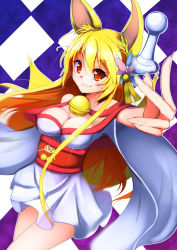 Rule 34 | 10s, 1girl, animal ears, argyle, argyle background, argyle clothes, bare shoulders, bell, blonde hair, breasts, chess piece, cleavage, cowboy shot, dutch angle, fingernails, fox ears, fox girl, fox tail, glasses, hair bell, hair between eyes, hair ornament, highres, japanese clothes, kimono, kimono skirt, long hair, looking at viewer, medium breasts, miko (no game no life), monocle, motion blur, multiple tails, no game no life, obi, orange eyes, outstretched arm, pince-nez, purple background, sash, sidelocks, smile, solo, tail, whiskers, white background, ymd (holudoun)
