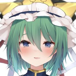 Rule 34 | 1girl, :d, balance scale, blue eyes, blush, frilled hat, frills, green hair, hat, highres, karasusou nano, looking at viewer, open mouth, portrait, shiki eiki, short hair, simple background, smile, solo, touhou, weighing scale, white background