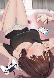 Rule 34 | 1girl, aqua panties, bare legs, barefoot, black shirt, blush, breasts, brown eyes, brown hair, can, cellphone, closed mouth, commentary, controller, curtains, day, eyelashes, full body, game controller, groin, highres, holding, holding controller, indoors, looking at viewer, medium breasts, midriff, no bra, no pants, original, panties, phone, playstation controller, shirt, short hair, smartphone, solo, straight hair, striped clothes, striped panties, stuffed animal, stuffed rabbit, stuffed toy, sunlight, t-shirt, tears, thighs, translated, two-tone panties, uiri-na, underwear, white panties, window