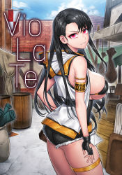 Rule 34 | 1girl, armlet, ass, asymmetrical bangs, bare arms, bare shoulders, barrel, belt, bikini, bikini top only, black bikini, black gloves, black hair, black shorts, black vest, breasts, building, cain (gunnermul), closed mouth, commentary request, corset, cowboy shot, cutoffs, day, english text, fingerless gloves, from side, gloves, highres, hood, hood down, hooded vest, hoodie, korean commentary, large breasts, long hair, looking at viewer, looking to the side, market, mixed-language commentary, original, outdoors, red eyes, sack, scowl, short shorts, shorts, sideboob, sleeveless, slit pupils, solo, swimsuit, thigh strap, thighs, tray, v-shaped eyebrows, very long hair, vest