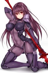 Rule 34 | 1girl, armor, blue gk, blush, bodysuit, breasts, covered navel, fate/grand order, fate (series), gae bolg (fate), highres, kneeling, large breasts, long hair, looking at viewer, pauldrons, polearm, purple bodysuit, purple hair, red eyes, scathach (fate), scathach (fate), shoulder armor, simple background, smile, solo, spear, weapon, white background